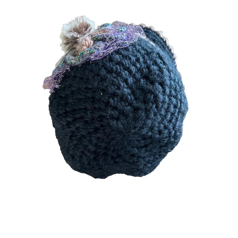 Black tan bucket hat with medallion purple lace beaded